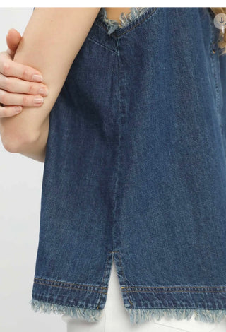 Umgee Denim Sleeveless Fringe Hem Top