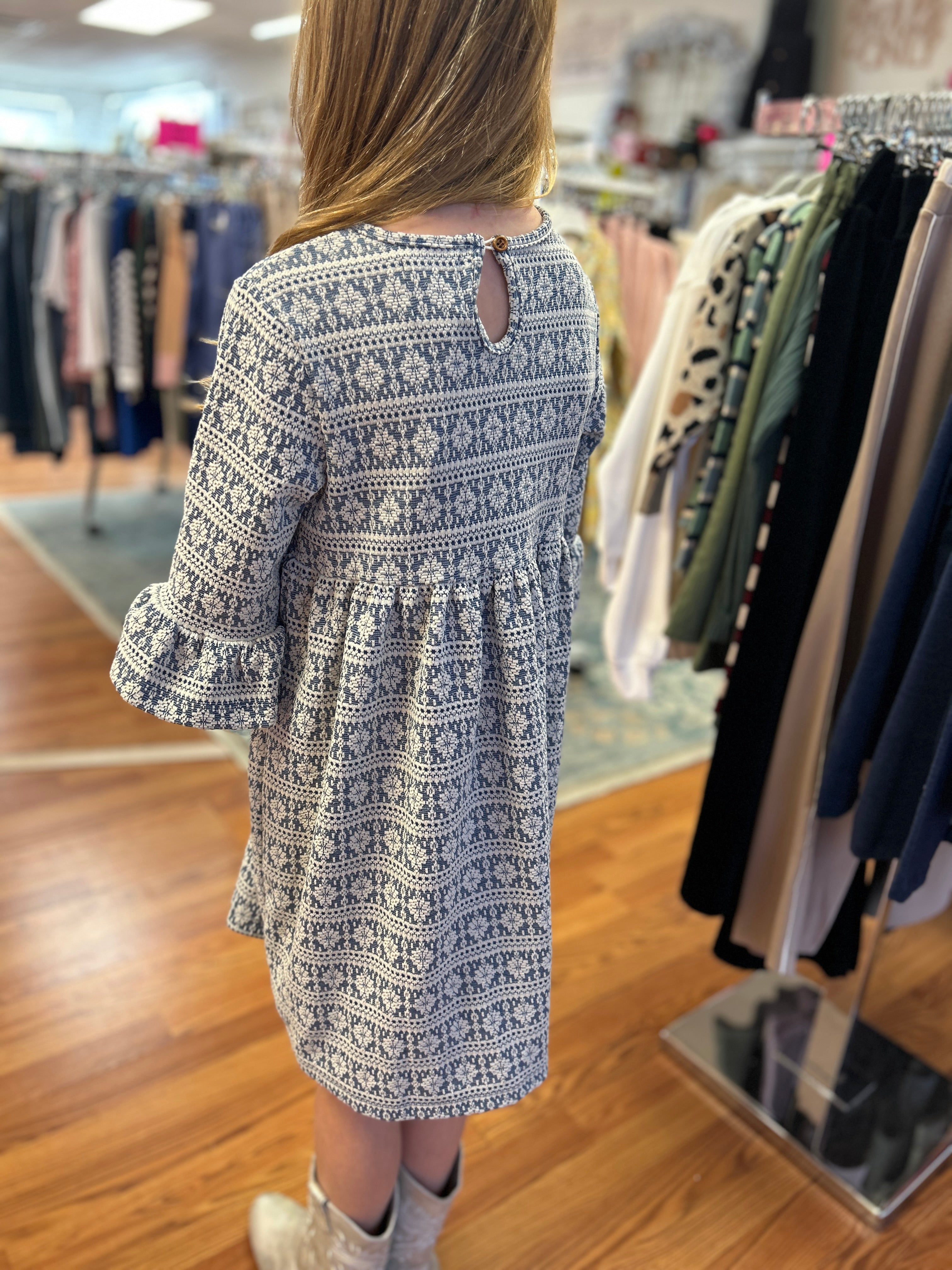 Vignette Blue and White Snowflake Empire Waist Dress