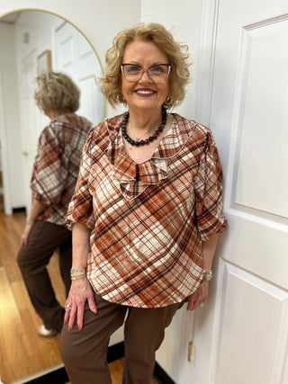 Mlle Gabrielle Plaid Linique Ruffle Peasant Sleeve Top