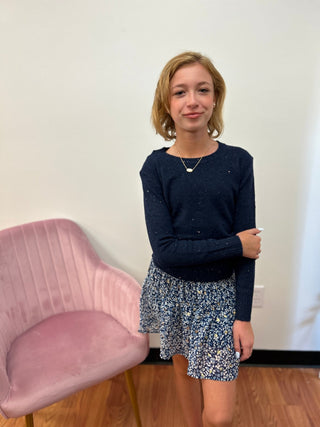 Mini Molly Girls Navy Blue Sequin Sweater - Metallic Knit Top - All About Me Boutique