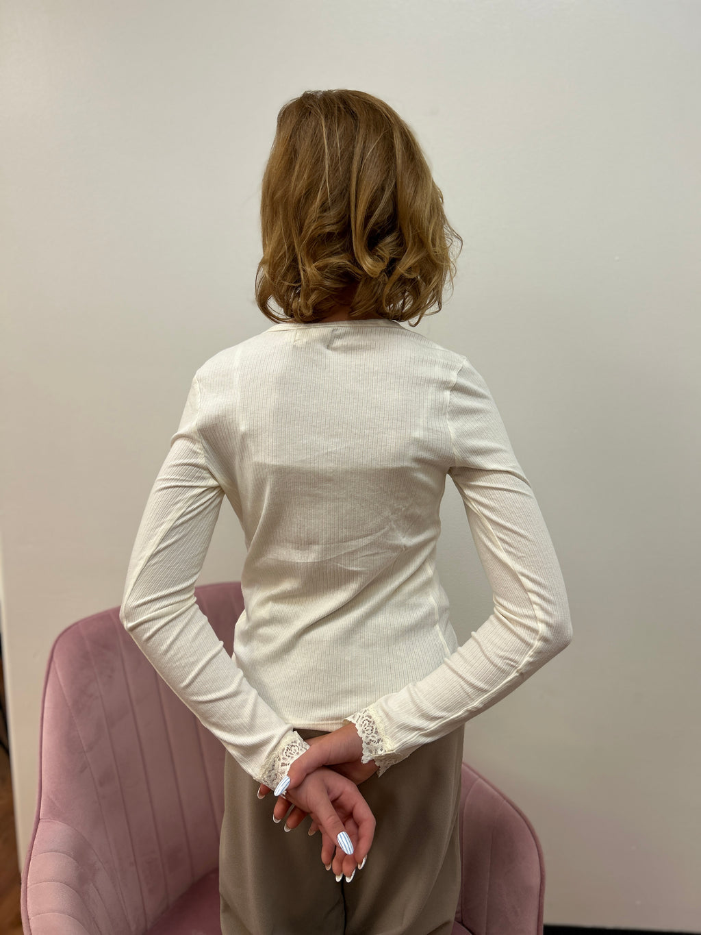 Creamie Girls Basic Rib Knit Tee with Lace Trim