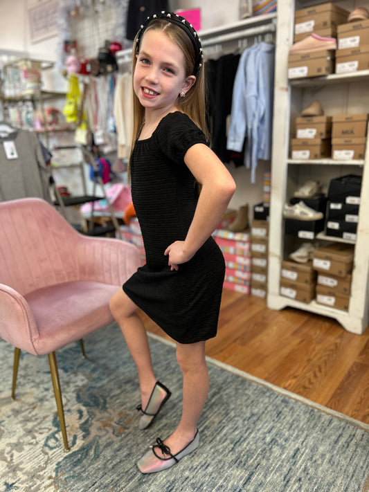 AC 407 Girls Textured Black Square Neck Dress