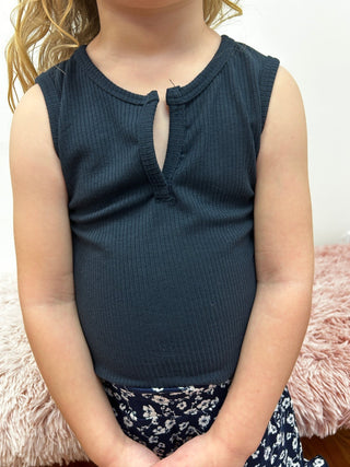 Navy Rib Placket Tank Top - All About Me Boutique