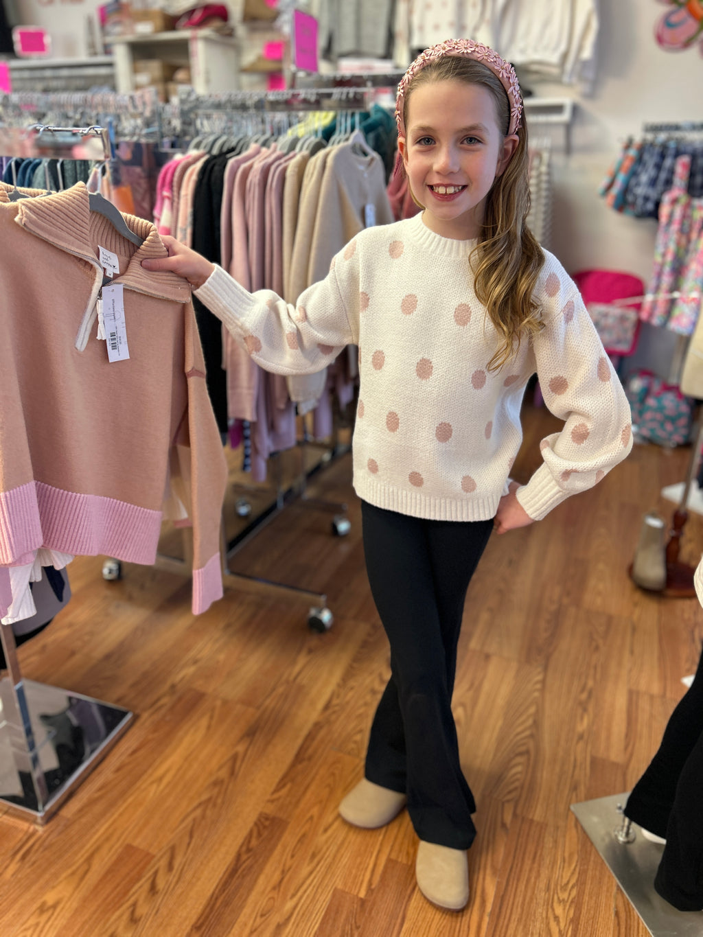 H & A Tween Girls Crew Neck Dot Sweater