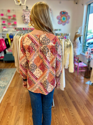 Girls Quilt Print Square Neck Tie Sleeve Top by Hayden - All About Me Boutique