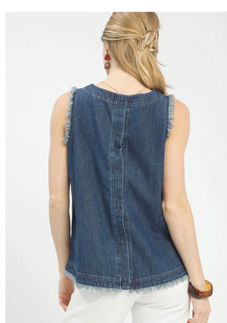 Umgee Denim Sleeveless Fringe Hem Top