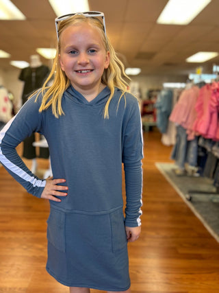 AC407 - Girls Blue Fleece Hoodie Dress - All About Me Boutique