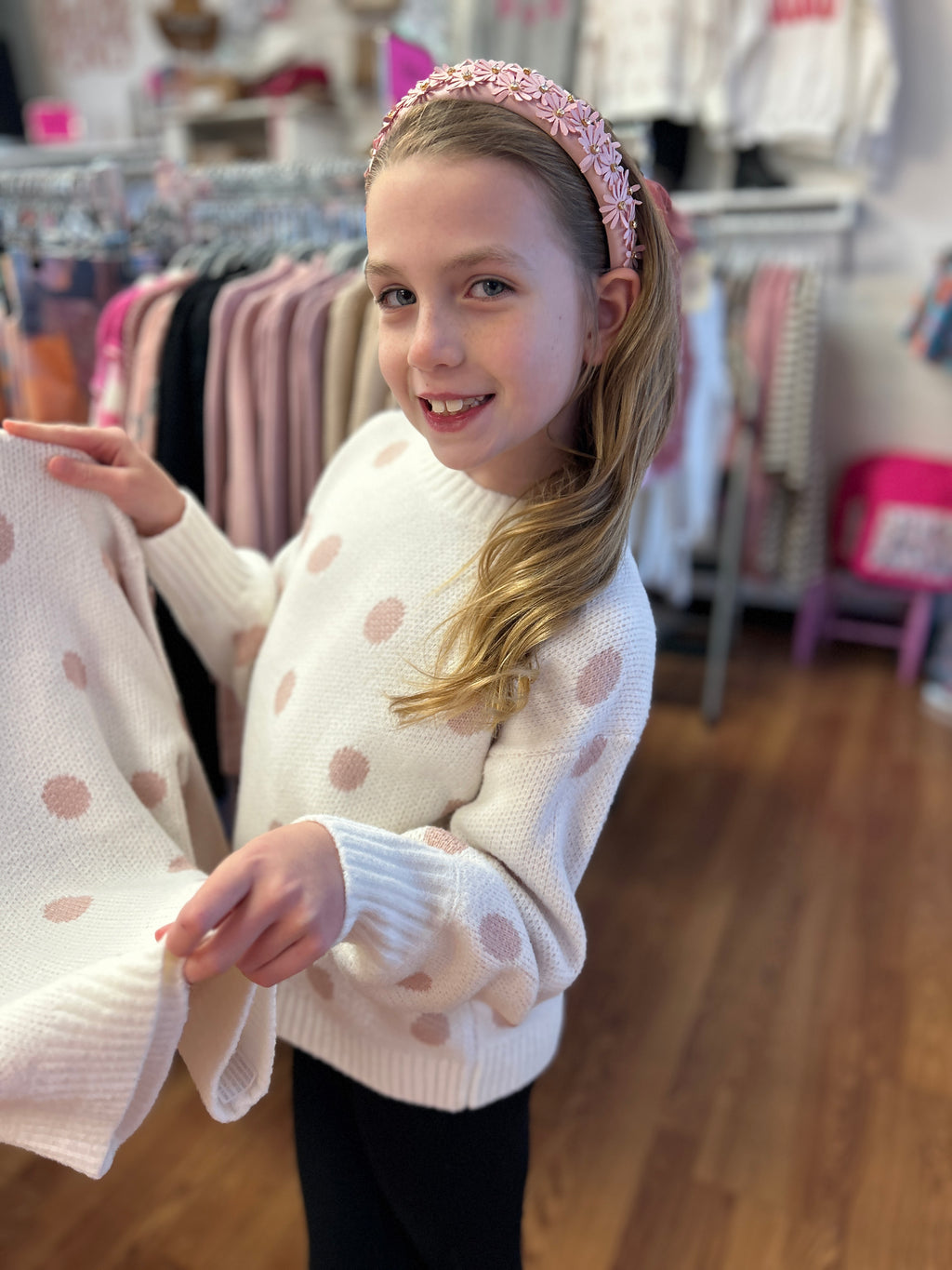 H & A Tween Girls Crew Neck Dot Sweater