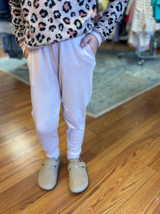 Girls' Cozy Blush Pink Ribbed Joggers with Pockets