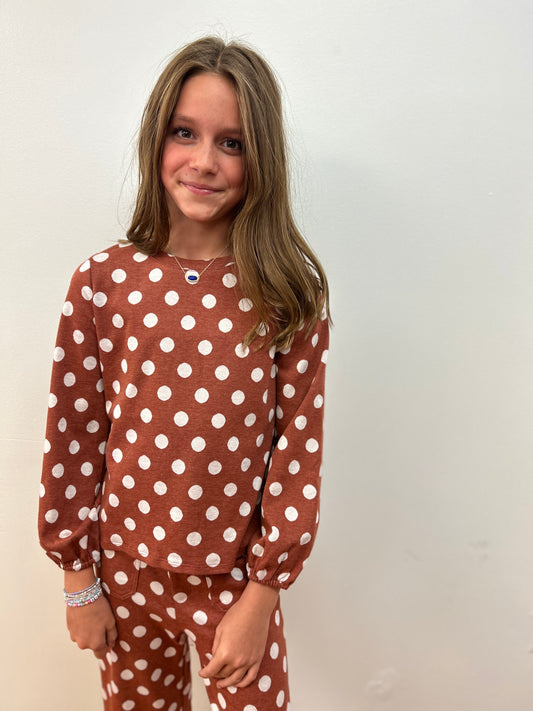 Hayden Girls Rust and Cream Polka Dot Top