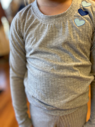 Girls' Heather Grey Ribbed Heart Appliqué Long Sleeve Top