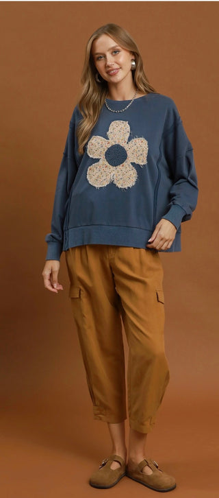 Umgee Floral Crochet Patch Mineral Wash Sweatshirt