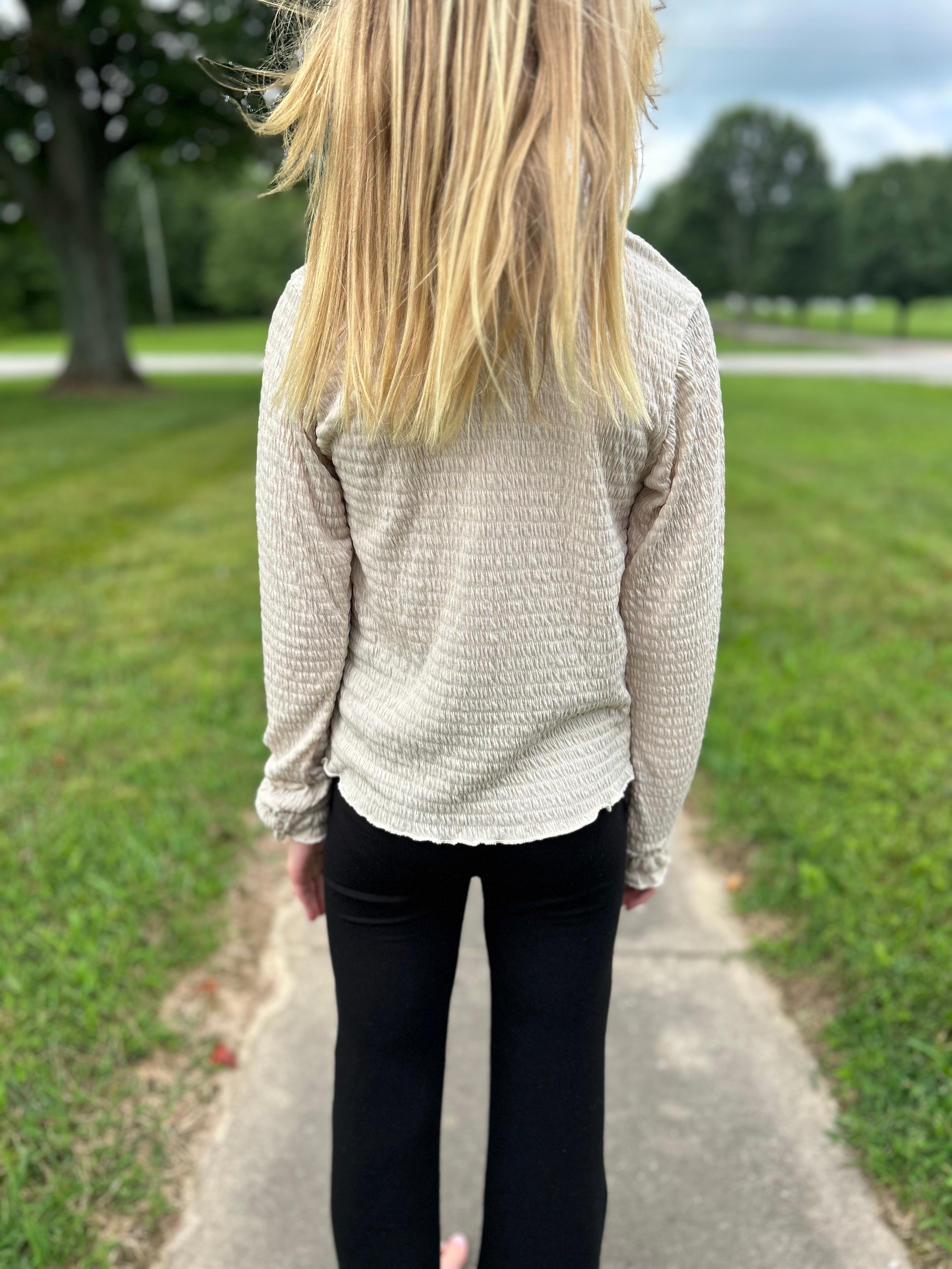 AC407-Girls Beige Pucker Fabric L/S Top (JKA)