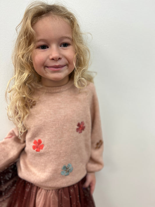 Minymo Girls Flower Embroidered Sweater - Soft Pink Pullover