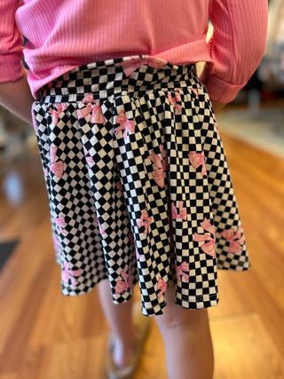 Girls' Retro Checkerboard & Pink Bow Twirl Skirt