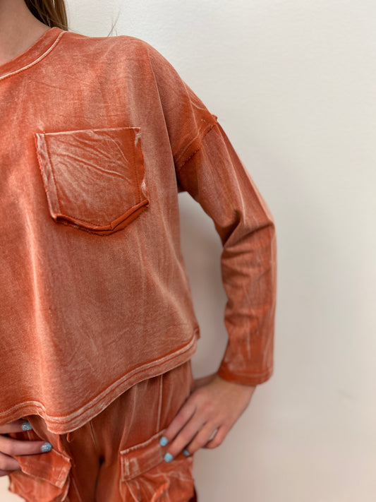 Hayden Girls Rust Mineral Wash Crop Top - Long Sleeve