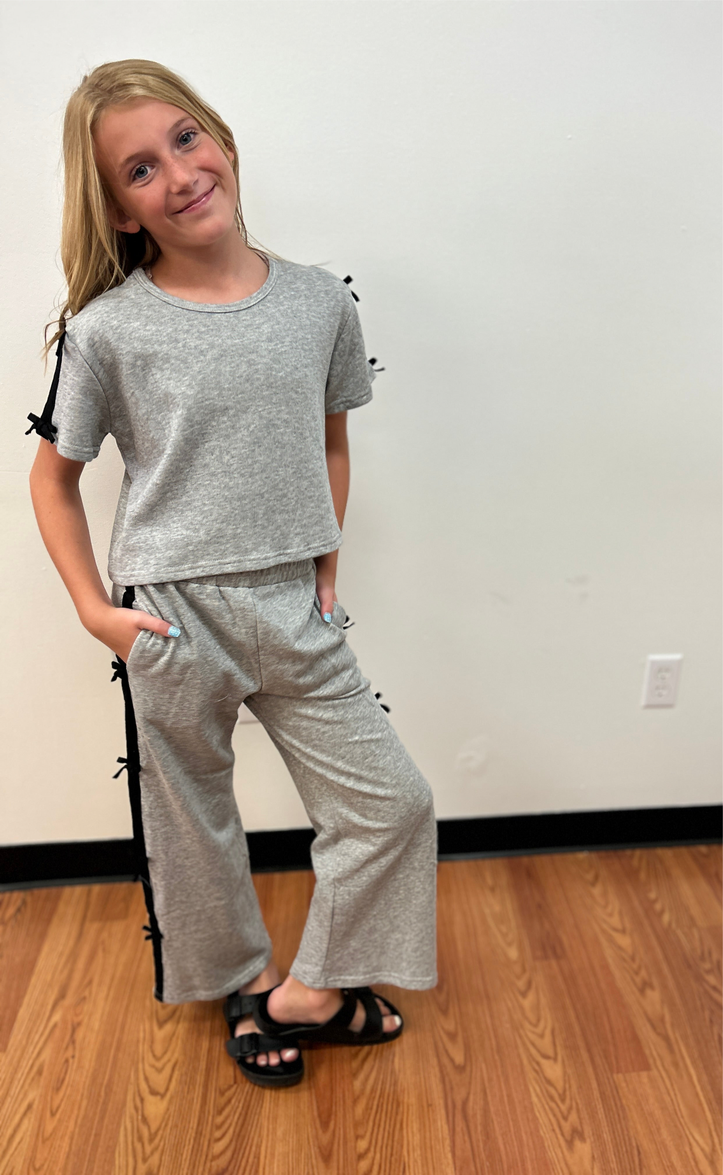 Hay Girls Wide Leg French Terry Pants with Bow Embellishment