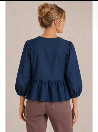 Liv Los Angeles Denim Bow Tie Front Peplum Blouse