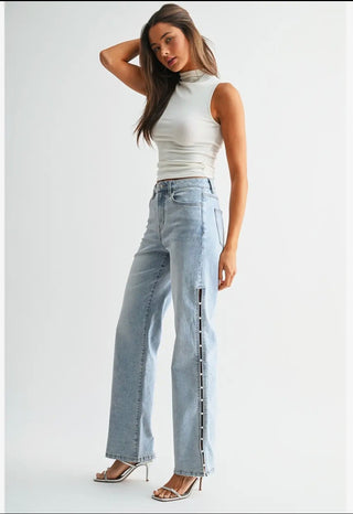 Mica Denim High Rise Wide Leg Pearl Embellished Side Jeans