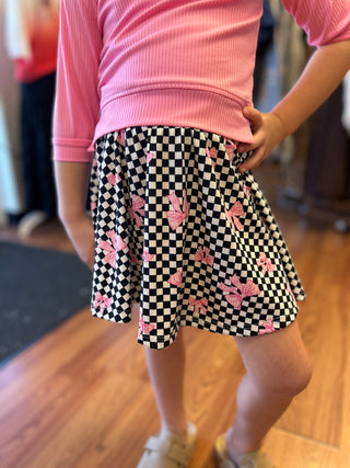 Girls' Retro Checkerboard & Pink Bow Twirl Skirt