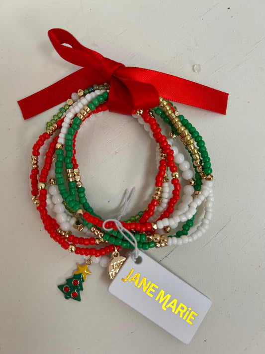 JM-Girls Red, White, Green, Gold Bracelet With Christmas Tree