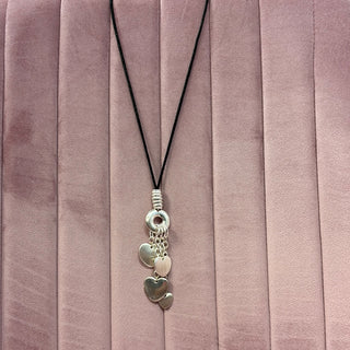 CJ - Long Black Cord w/Silver Hearts Necklace - All About Me Boutique