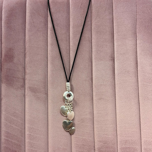 CJ - Long Black Cord w/Silver Hearts Necklace