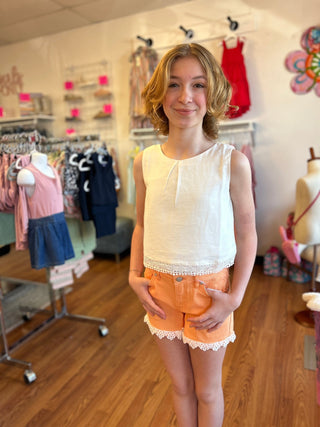 Girl Ivory Linen Look Cropped Tank with Lace Hem by Mayoral - All About Me Boutique