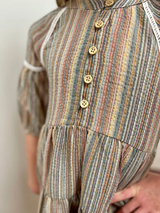 Vignette Girls Boho Striped Dress - Lace Trim - All About Me Boutique