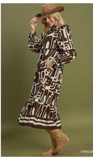 Umgee Abstract Geo Print Ruffle Maxi Dress