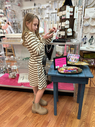Vignette Girls Brown Striped Drop Waist Dress - All About Me Boutique