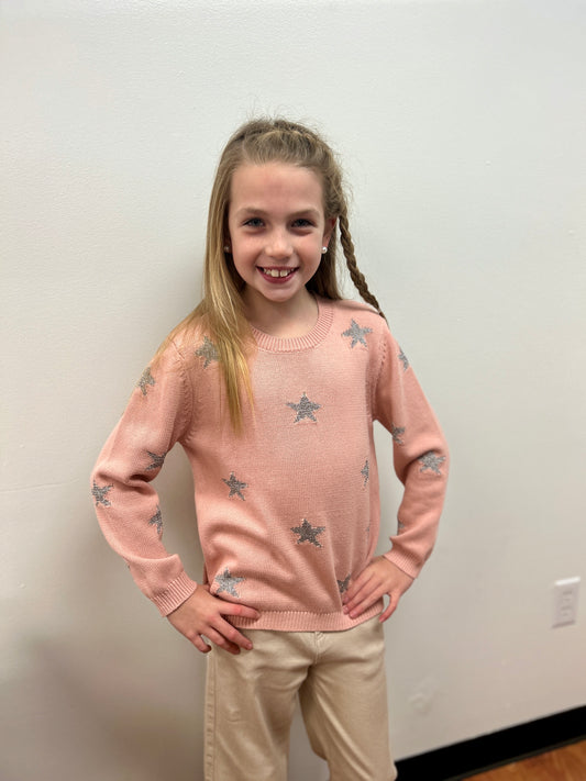Vignette Girls Pink Sweater with Silver Stars - Cotton Knit Top