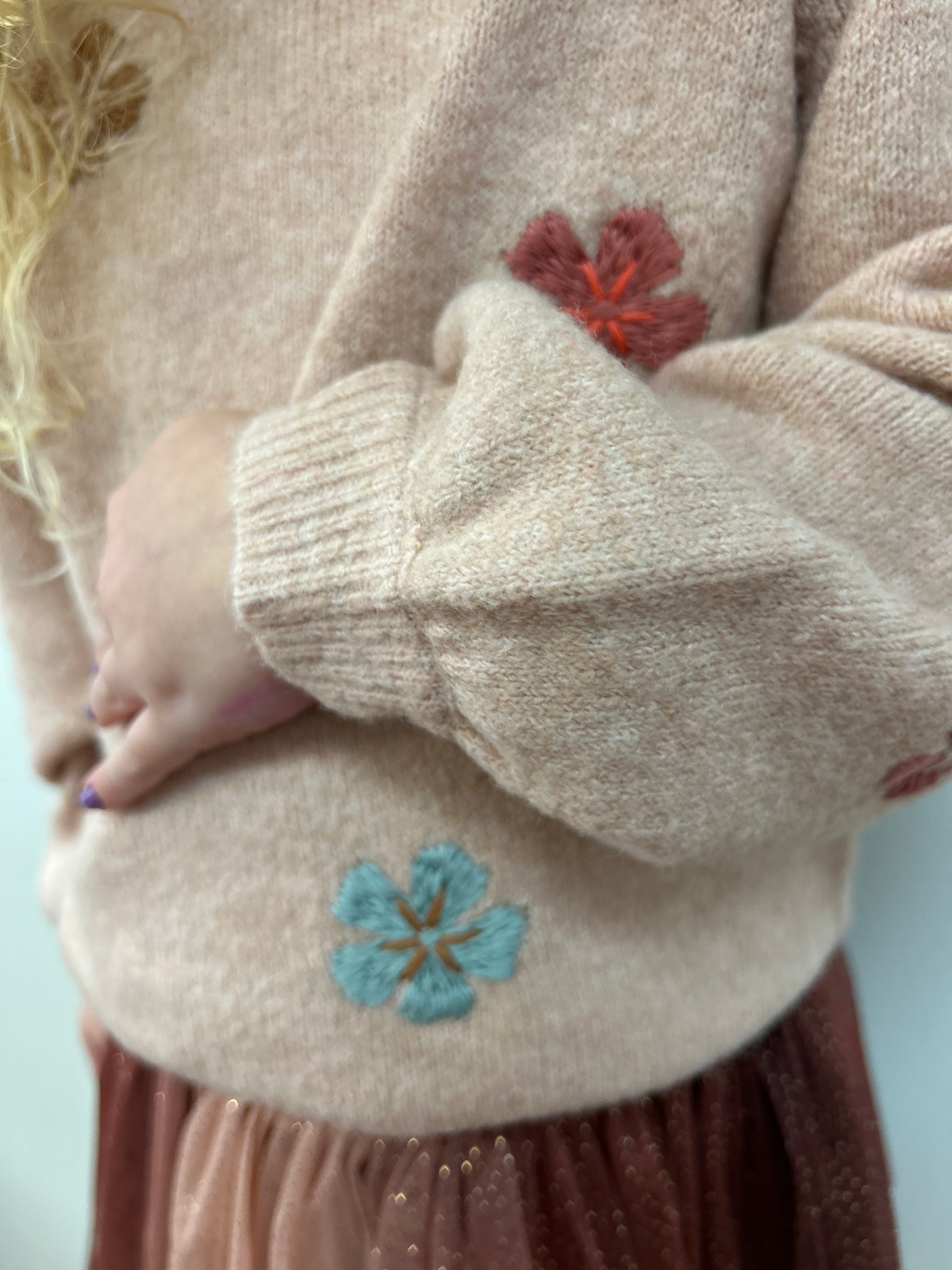 Minymo Girls Flower Embroidered Sweater - Soft Pink Pullover