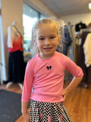 Area Code 407 Girls Pink Ribbed Pouf Sleeve Top – Black Bow Detail