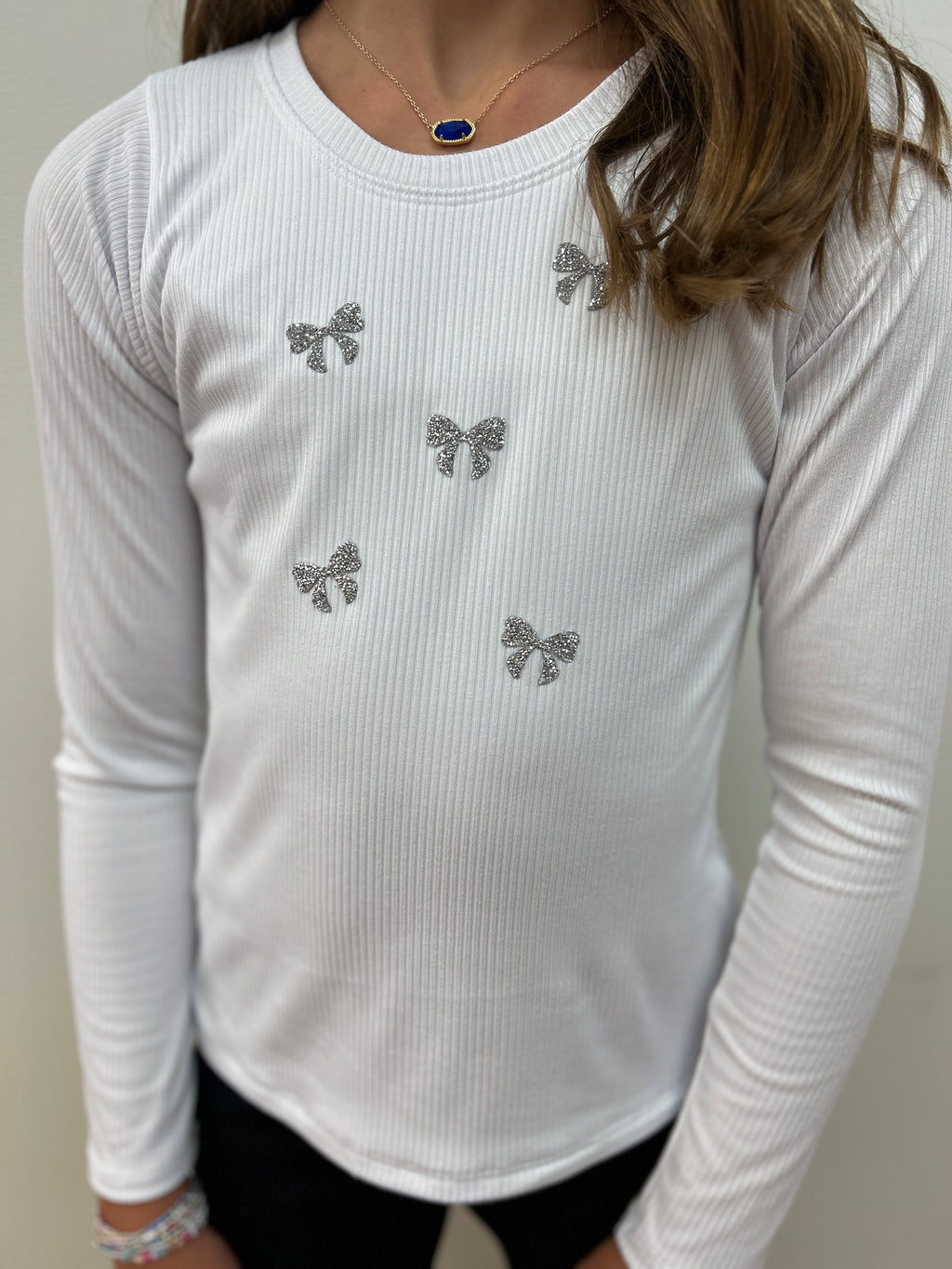 AC 407 Girls White L/S Tee with Mini Bow Embellishment