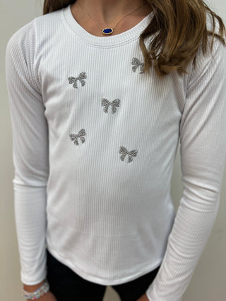 AC 407 Girls White L/S Tee with Mini Bow Embellishment - All About Me Boutique