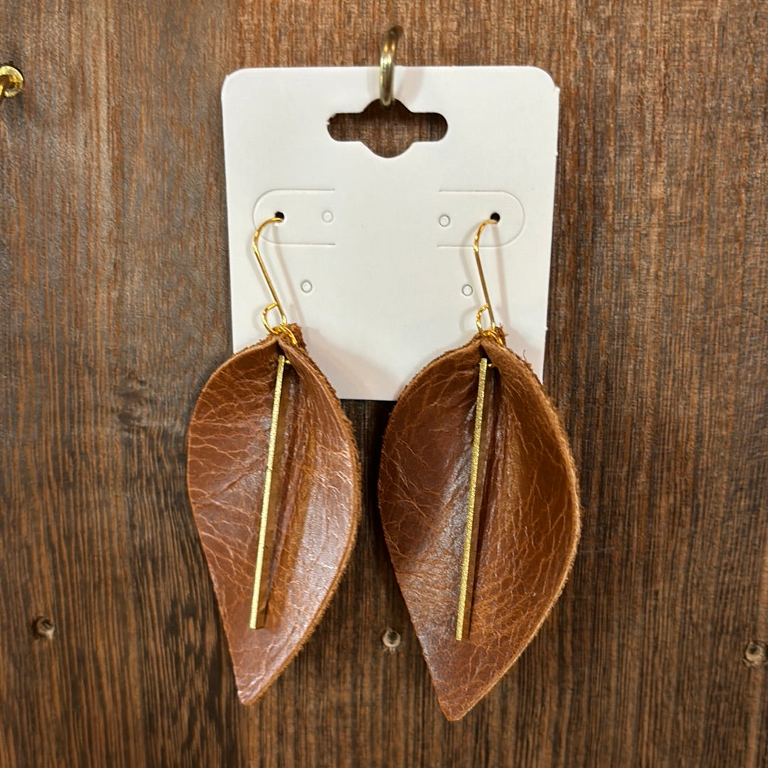 WEF - Leather Leaf w/Gold Bar Earrings