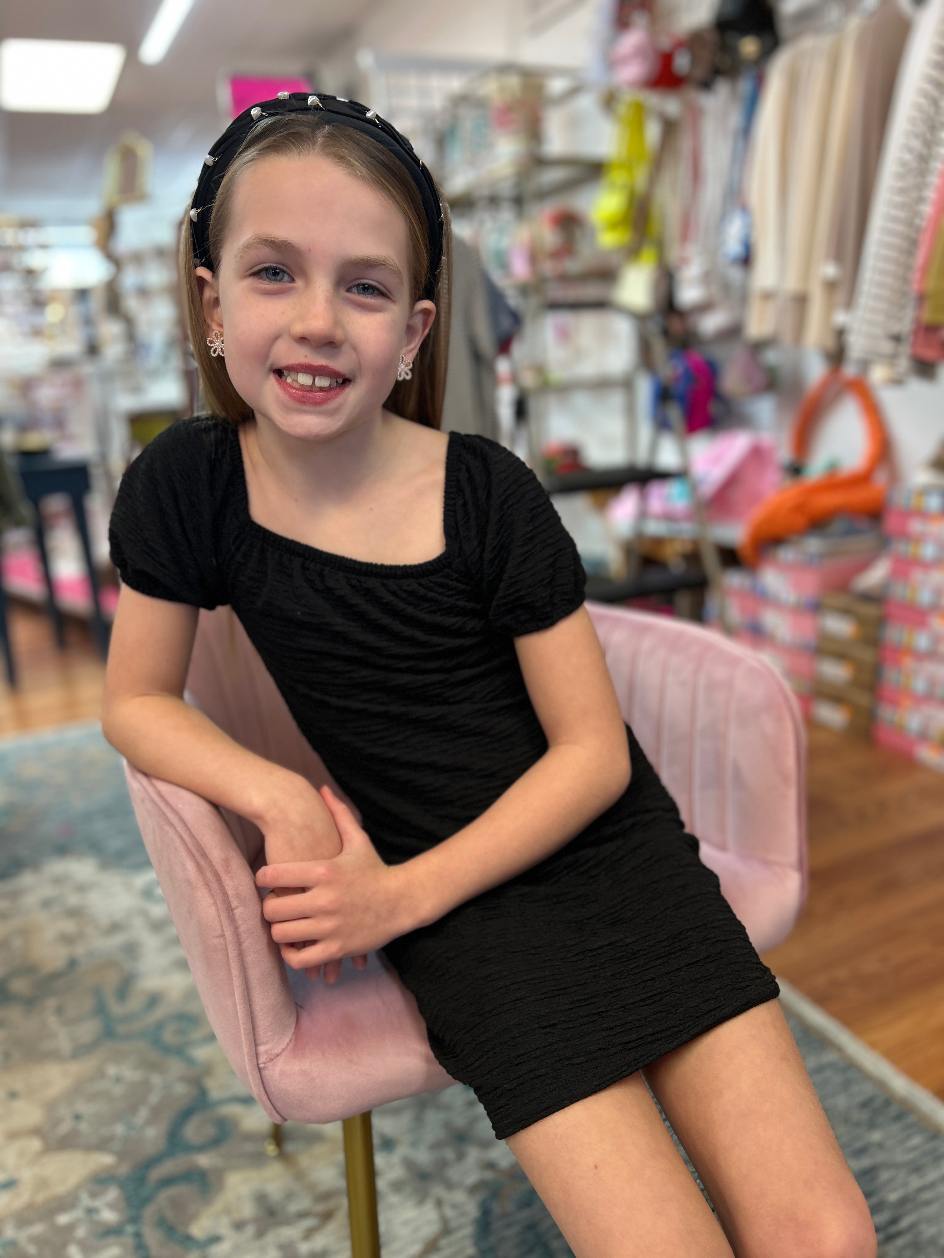 AC 407 Girls Textured Black Square Neck Dress