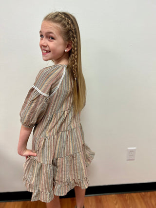 Vignette Girls Boho Striped Dress - Lace Trim - All About Me Boutique