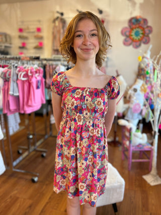 Girls Fuchsia Poppies Short Sleeve Dress - All About Me Boutique