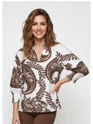 Linique Baroque V-neck Smocked Blouse