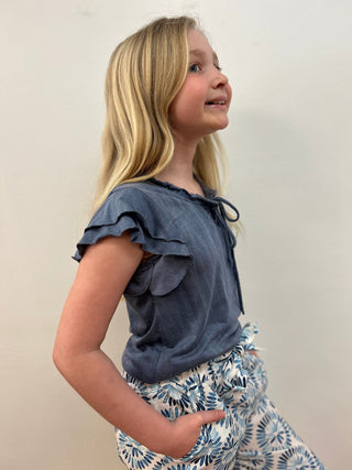 AC407 Girls Blue Ruffle Sleeve Tee - All About Me Boutique
