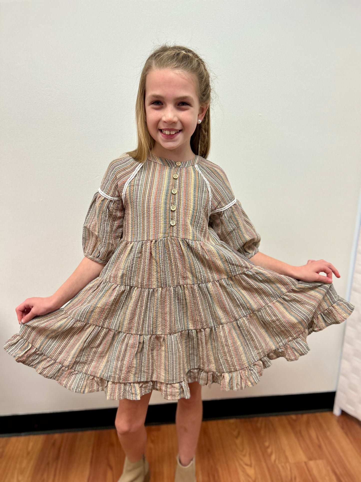 Vignette Girls Boho Striped Dress - Lace Trim