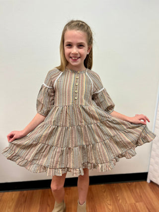 Vignette Girls Boho Striped Dress - Lace Trim - All About Me Boutique