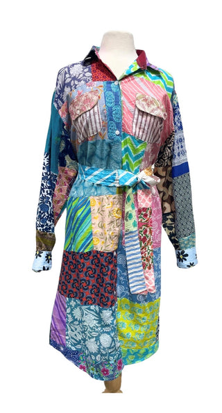 Patchwork Long Sleeve Belted Button-down Dress