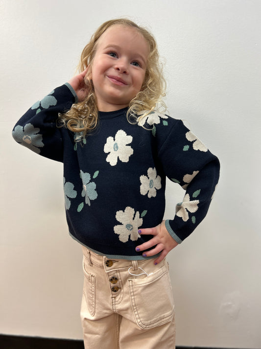 May Girls Navy Crew Neck Sweater with Sage and Cream Daisies