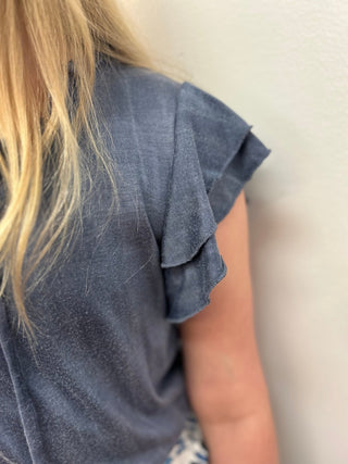 AC407 Girls Blue Ruffle Sleeve Tee - All About Me Boutique