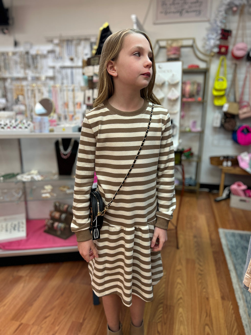 Vignette Girls Brown Striped Drop Waist Dress