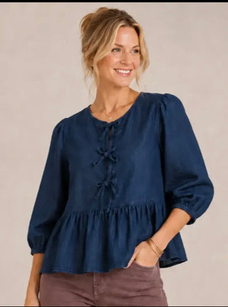 Liv Los Angeles Denim Bow Tie Front Peplum Blouse