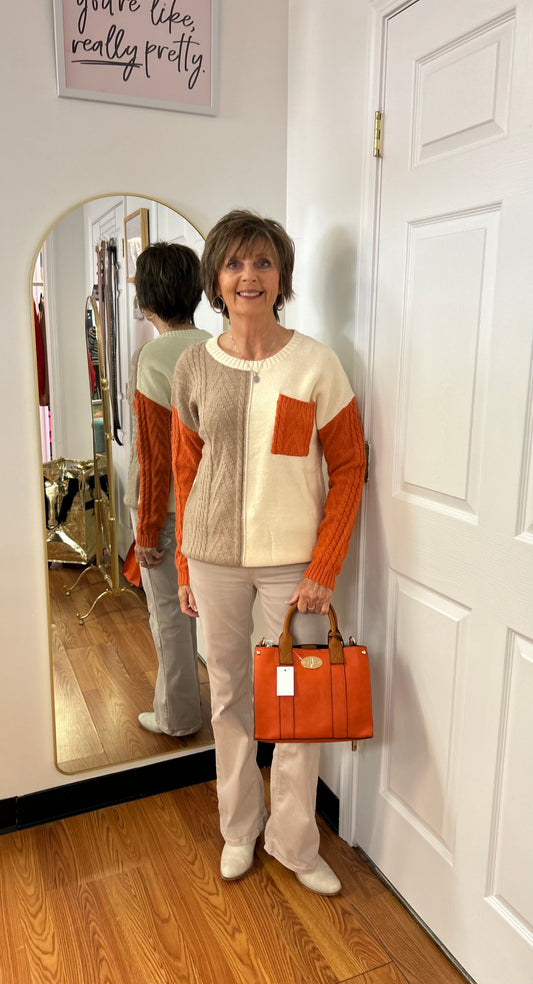 Color Block Sweater -Ladies Crew Neck with Chest Pocket